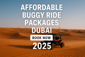 Affordable buggy ride packages in Dubai with modern dune buggy racing through red desert dunes – Book Now 2025.